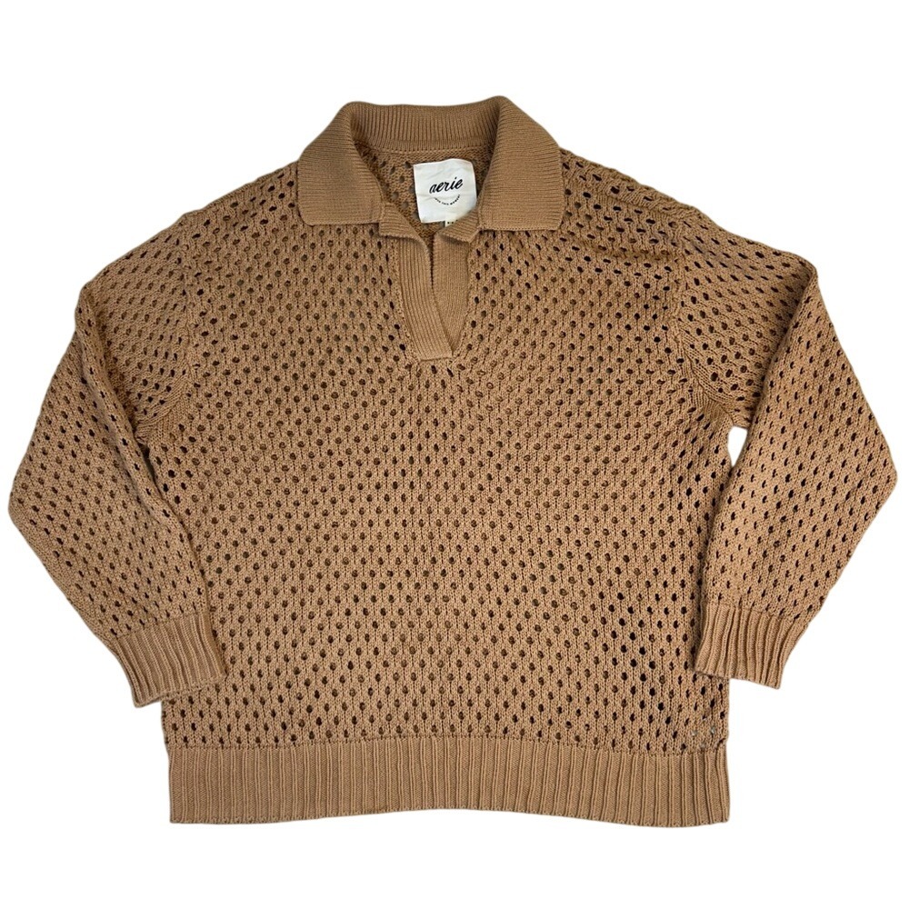 Aerie Oversized Open Knit Polo Sweater in Tan Women's Size Medium 100% Cotton‎